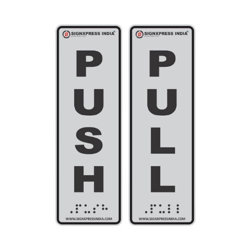 Push Pull | SS Braille Signage with Self Adhesive Tape | Premium stainless steel | Self Adhesive Peel & Paste | Size: 6×2 inch | SignXpess India Push Pull | SS Braille Signage with Self Adhesive Tape | Premium stainless steel | Self Adhesive Peel & Paste | Size: 6×2 inch | SignXpess India